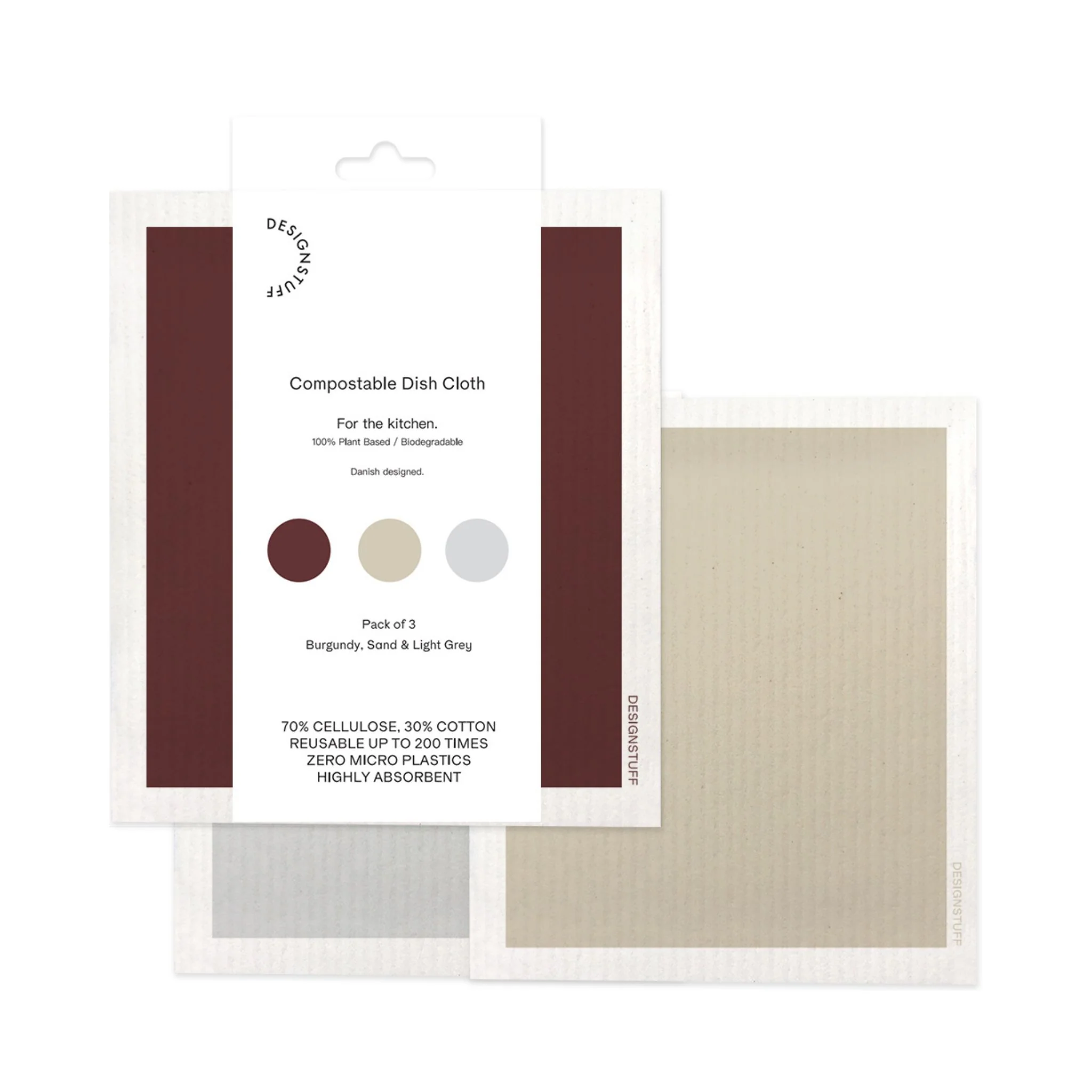 DESIGNSTUFF ETTA Compostable Eco Dishcloth, Burgundy/Sand/Light Grey (Set of 3) - Image 5