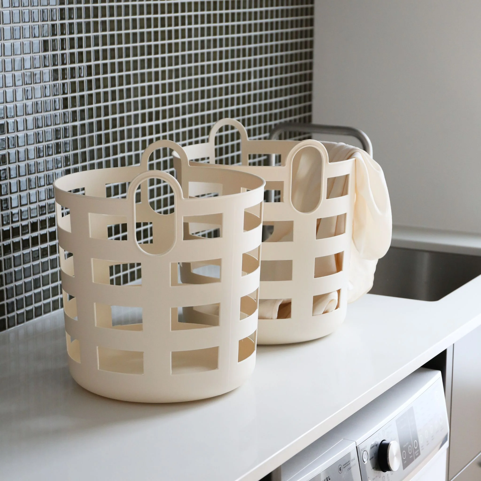 ENKEL STUDIO Storage and Laundry Basket, Sand (Set of 2)